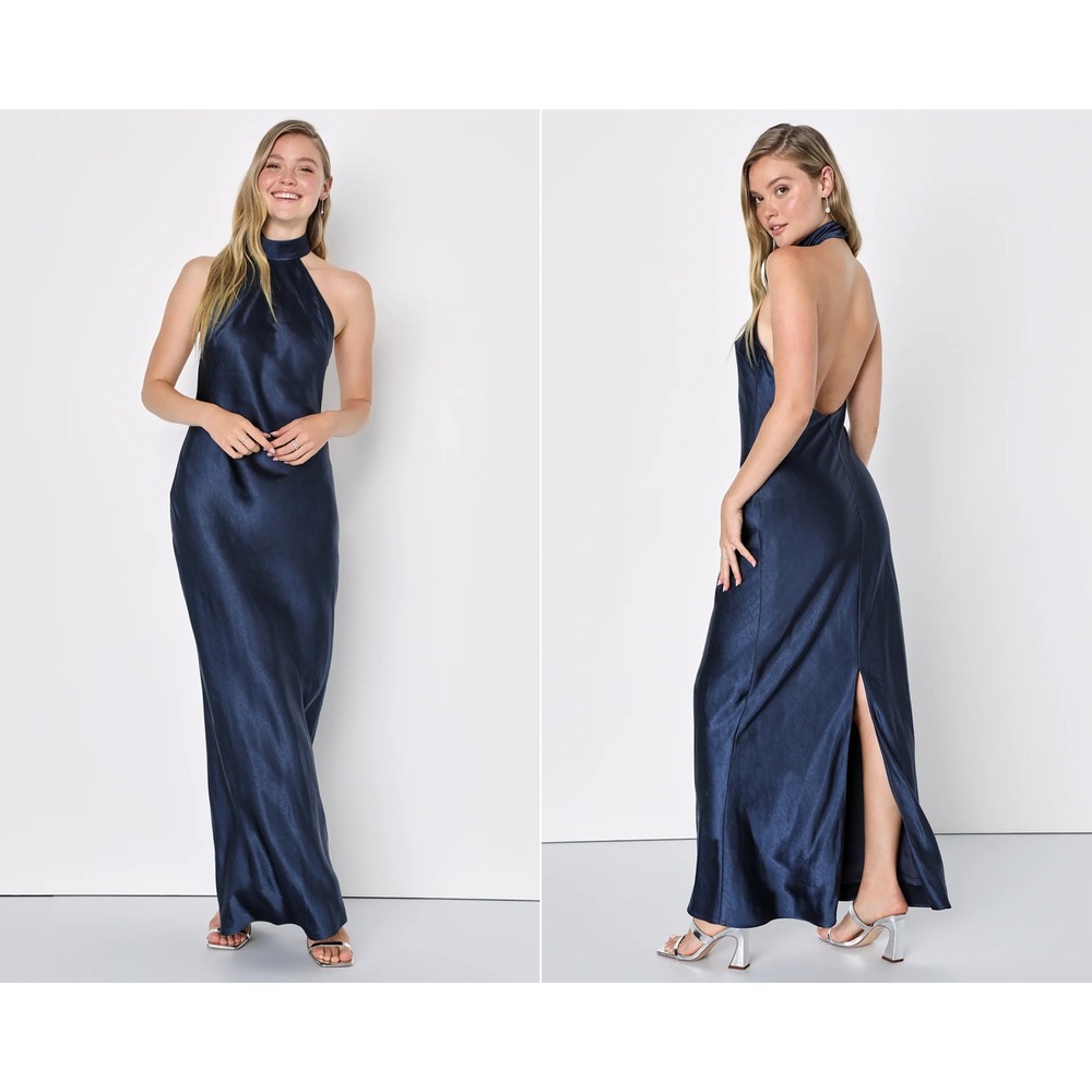 Lulus Love in Your Life Navy Blue Satin Halter Maxi Dress Size Small